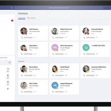 A screenshot of Microsoft Teams displays employee contacts, showcasing how users can easily make and receive phone calls or set up meetings for seamless communication.