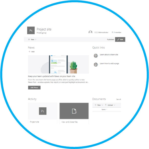 A screenshot showing a dashboard of modern experience version of SharePoint Online.