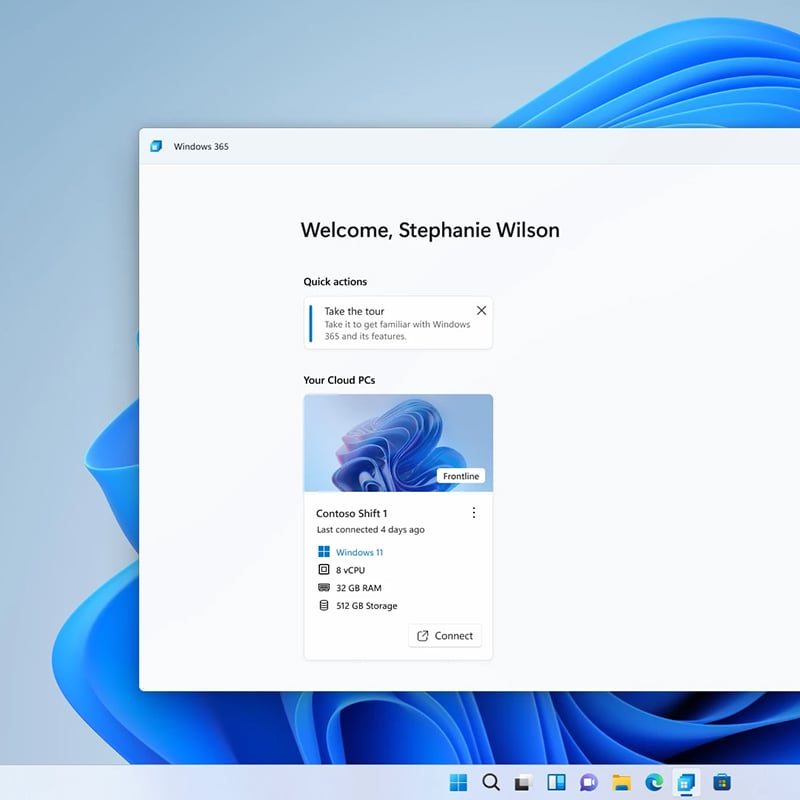 A screenshot of Windows 365 shows how organizations can provide users with a dedicated Cloud PC experience that supports secure access to desktops, apps, and data from supported devices.