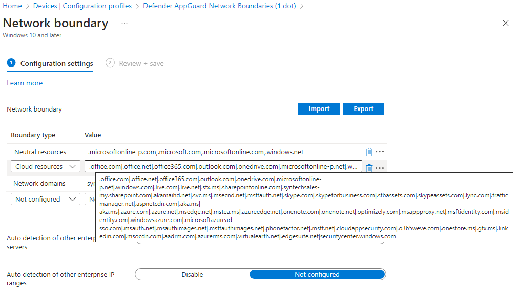 screenshot of the URLs in windows 10 network boundary